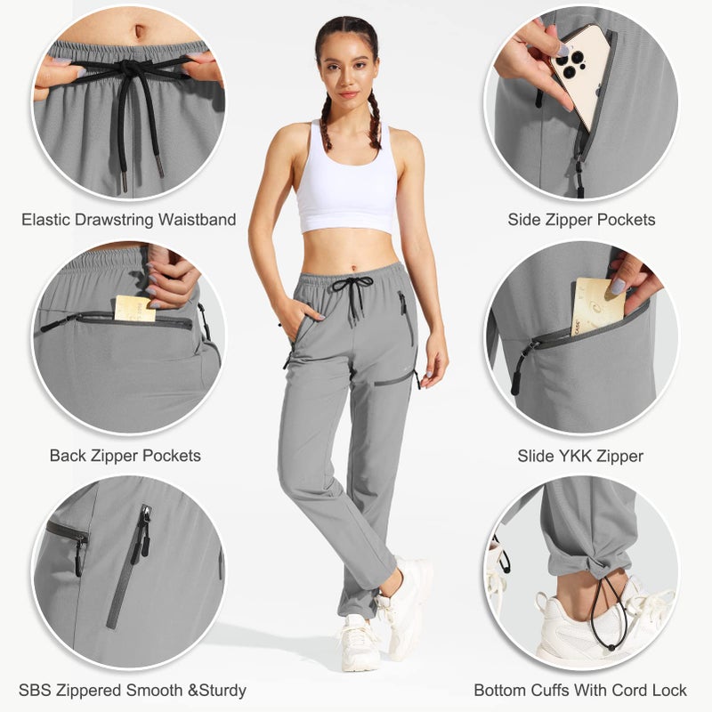 MOCOLY Women's Hiking Cargo Pants Elastic Waist Quick Dry Lightweight Water Resistant Jogging Long Pants UPF SPF 50+ Light Grey M - Image 4